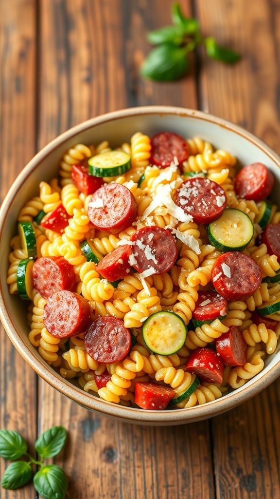 A bowl of Italian sausage and zucchini orzo with Parmesan cheese on a rustic table.